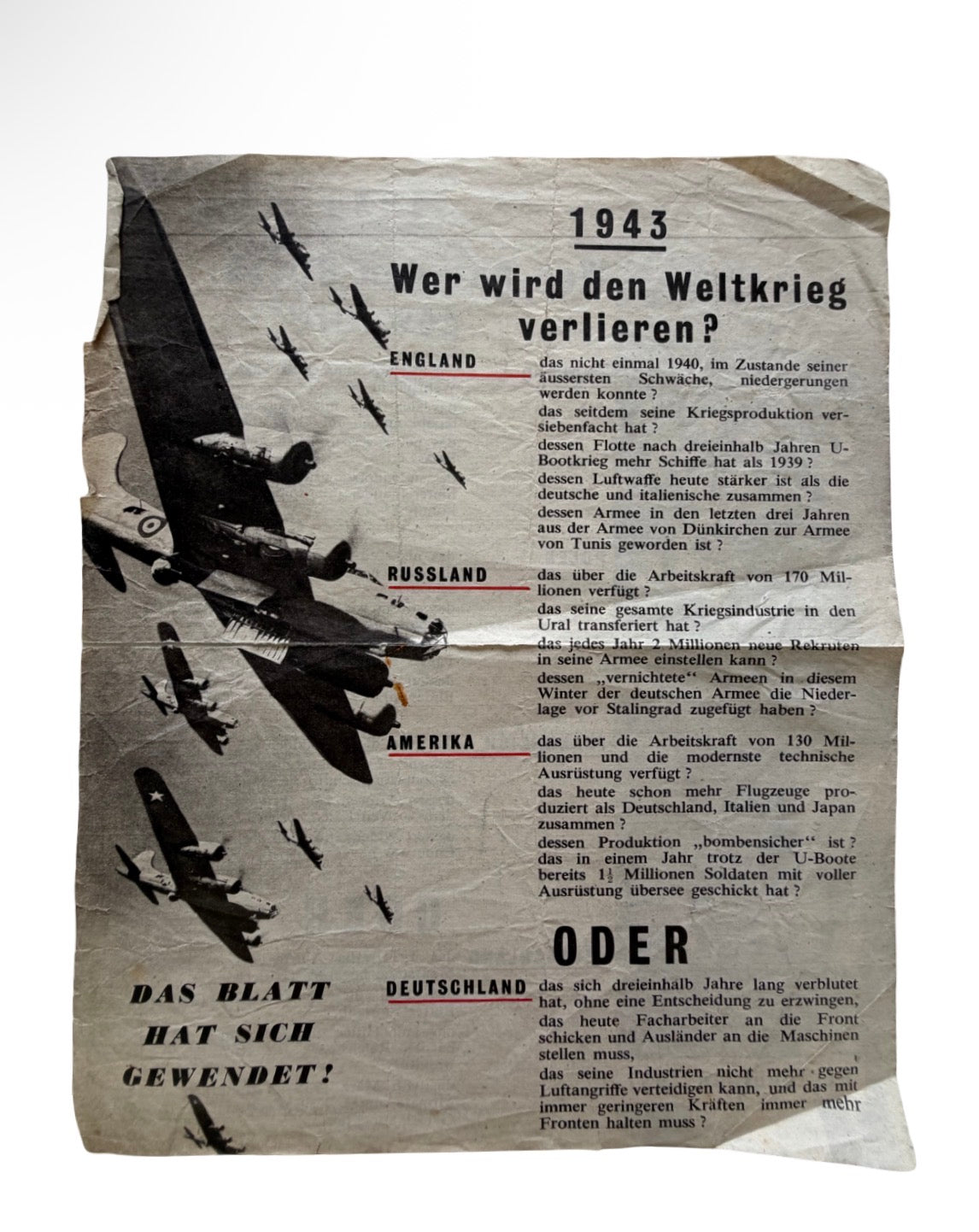 Original WW2 Allied Propaganda air drop Leaflet – “Who Will Lose The World War?”