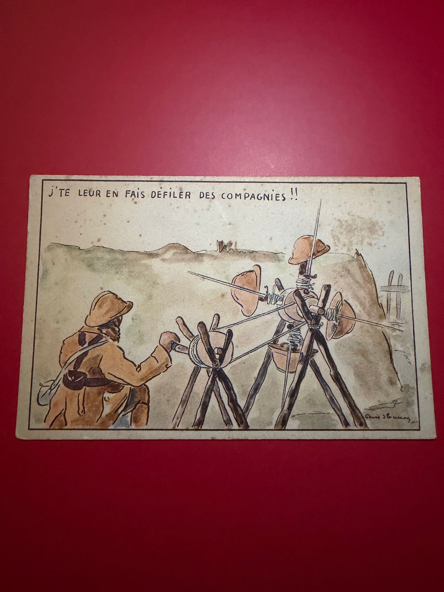 Original Vintage WW2/WW1 French Military Postcard – Trench Cartoon Barbed Wire Scene (P.C. Paris)