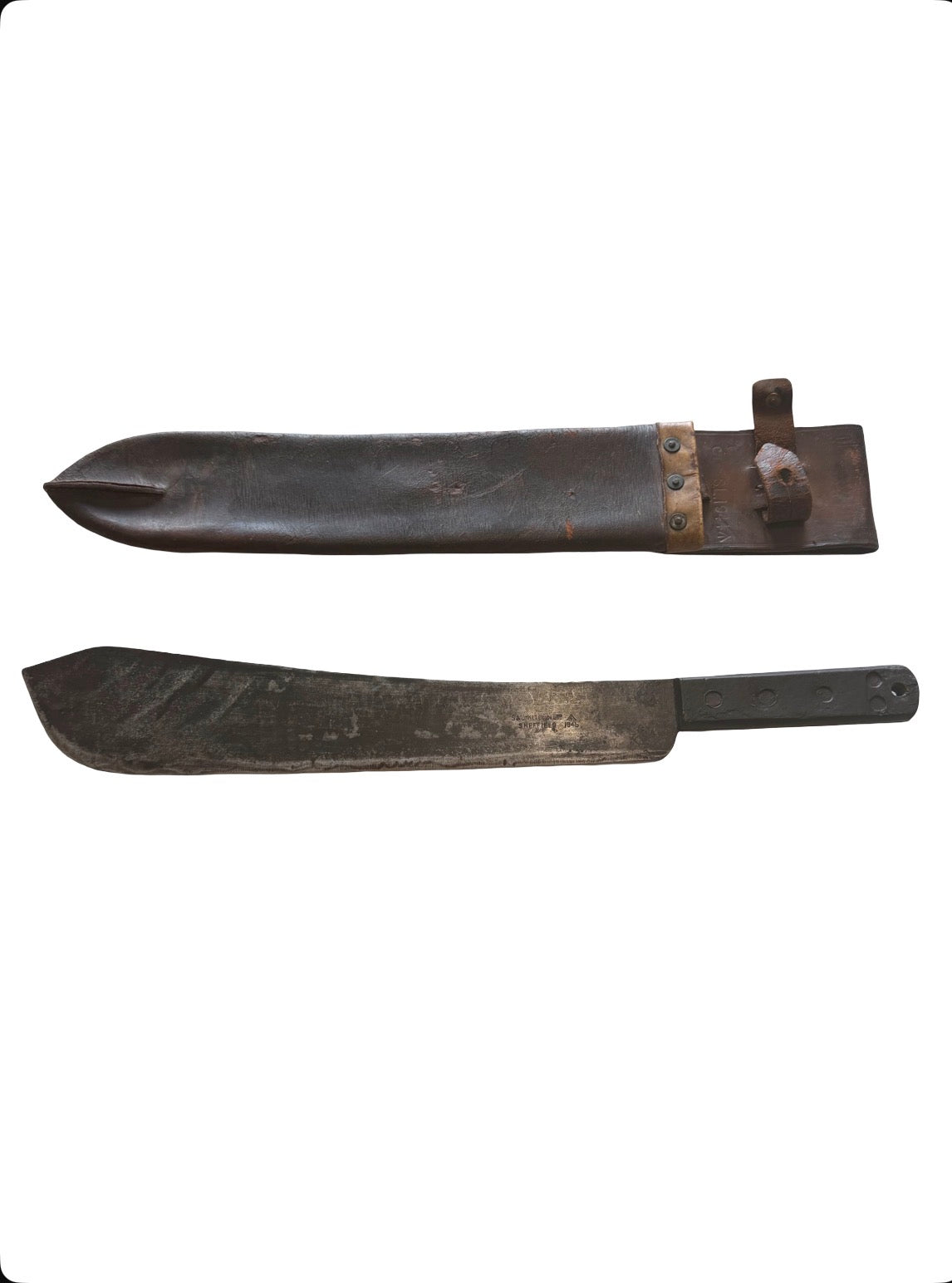 Original British WW2 Military Machete & Leather Scabbard Sheffield 1945 Jungle Fighting Knife