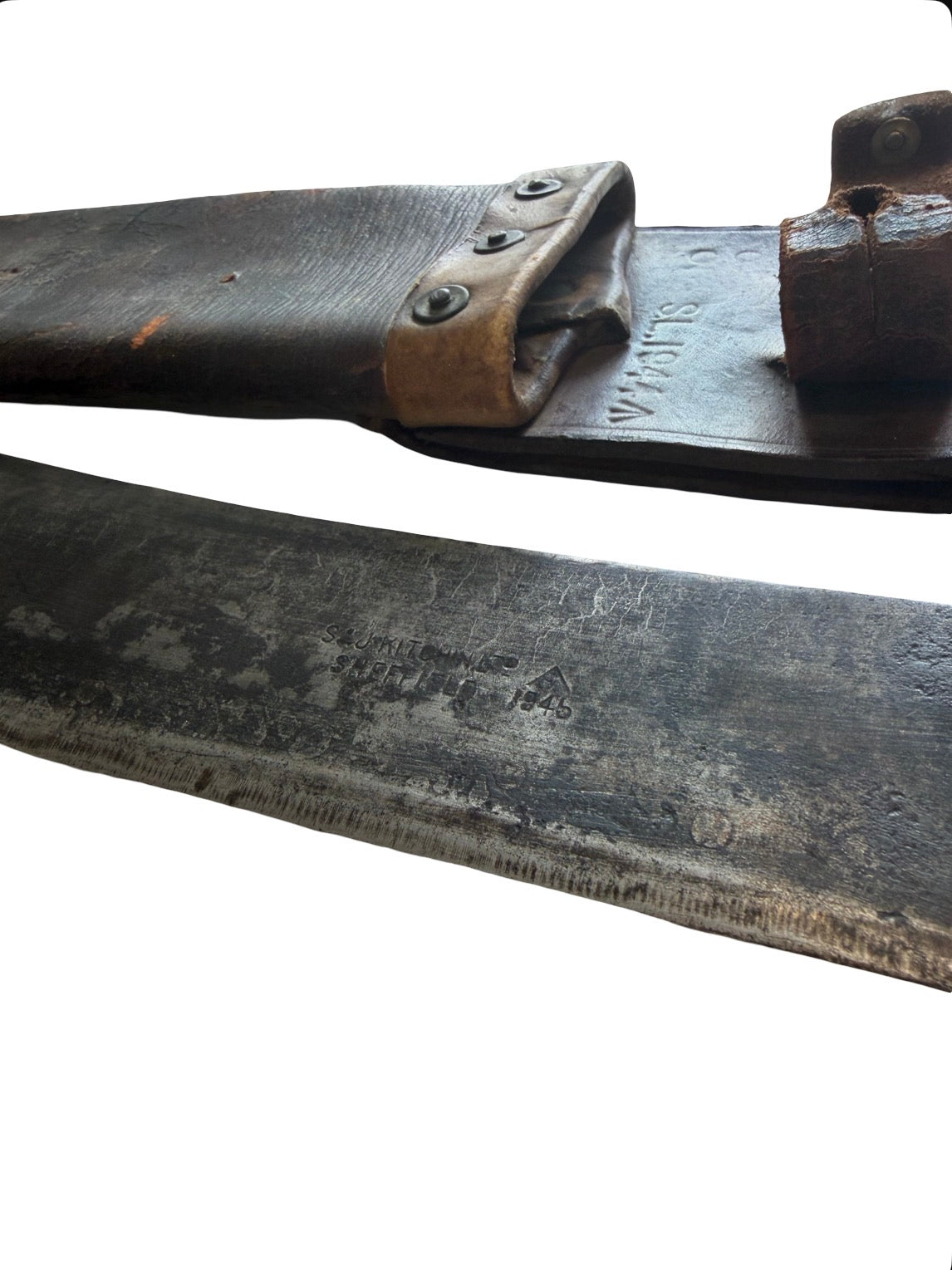 Original British WW2 Military Machete & Leather Scabbard Sheffield 1945 Jungle Fighting Knife