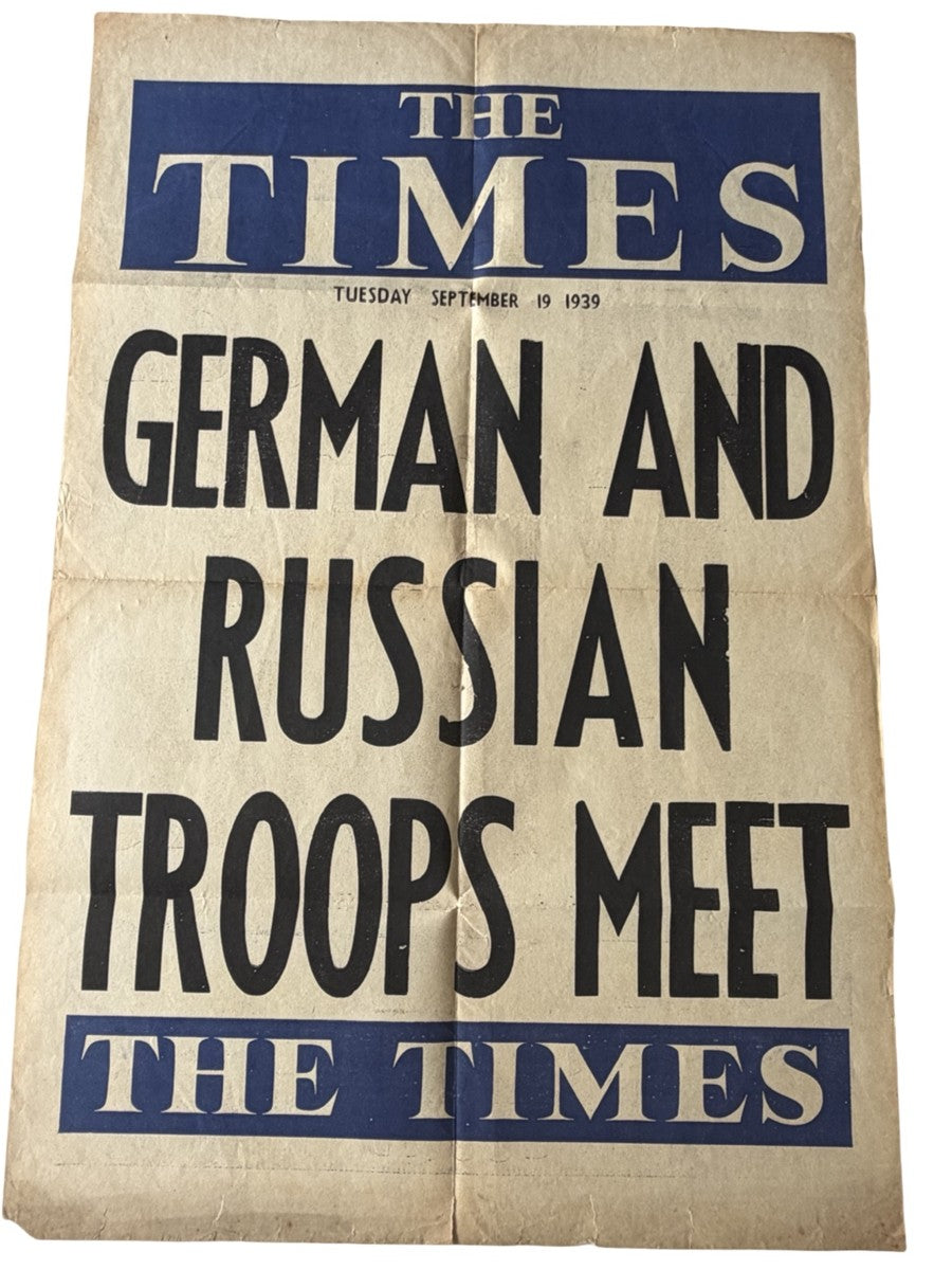 Original WW2 The Times Poster Newspaper – 19 September 1939 – German And Russian Troops Meet