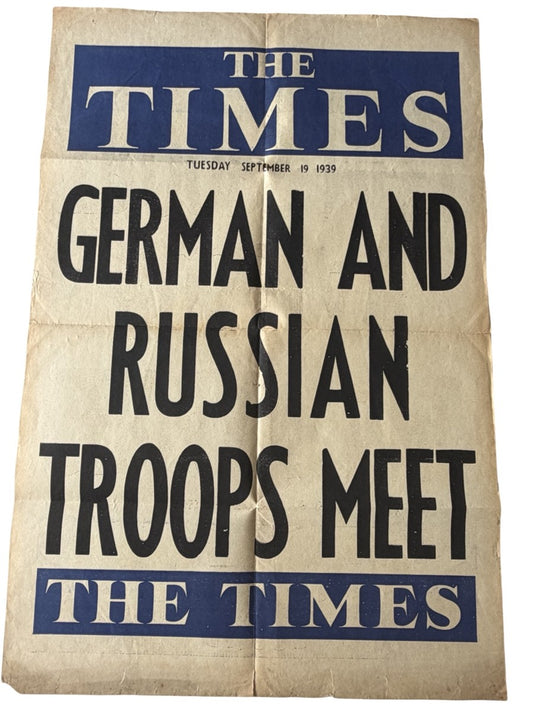 Original WW2 The Times Poster Newspaper – 19 September 1939 – German And Russian Troops Meet
